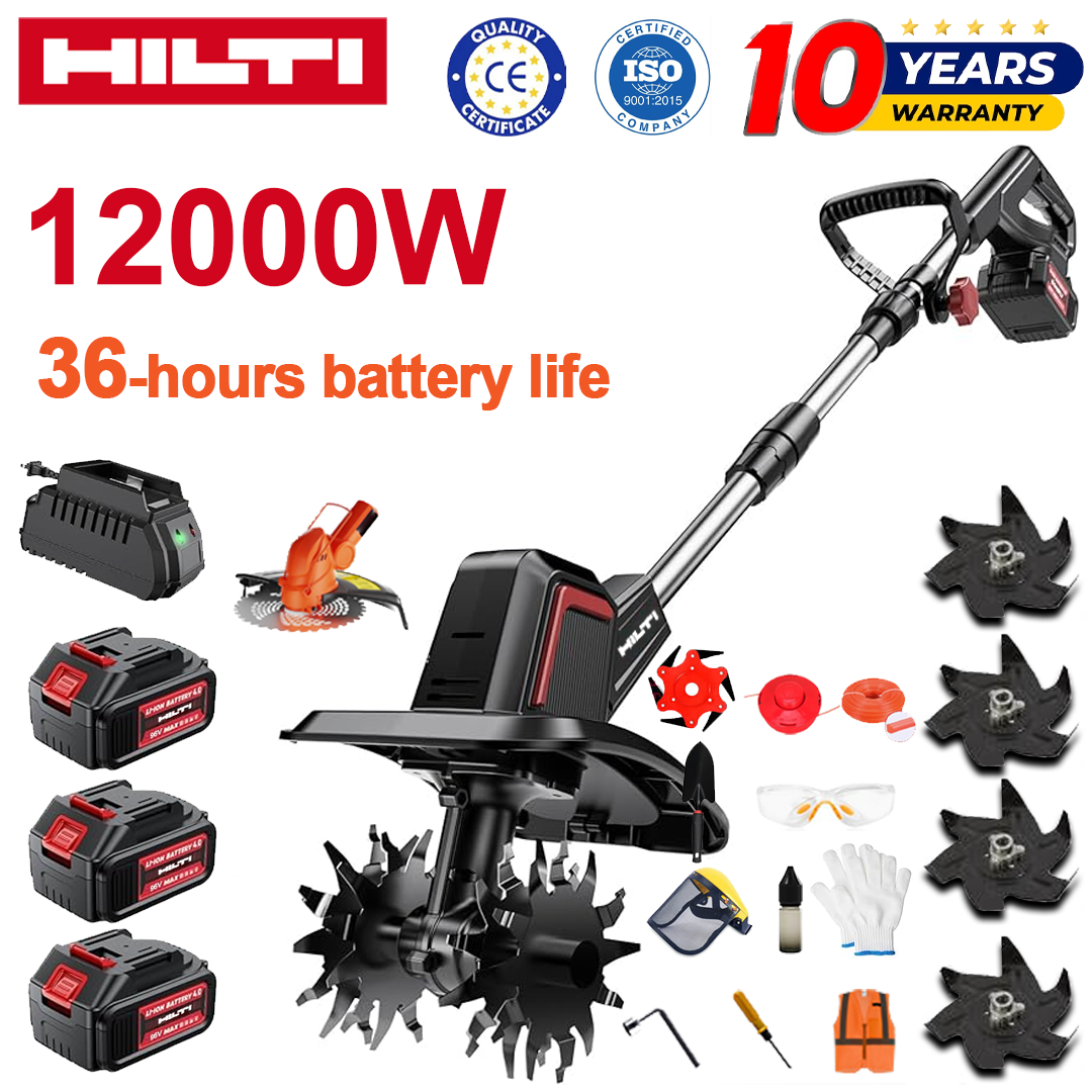 (Akumulatora darbības laiks 36 stundas) 12000 W arkls + 96 V litija akumulators * 3 + griezējgalva * 1 + ātrais lādētājs * 1 + lāpsta * 1 + taisns asmens * 2 + arkla asmens * 4 + sakausējuma zāģa asmens * 1 + griešanas asmens * 1 + griešanas aukla * 1 + dažādi piederumi